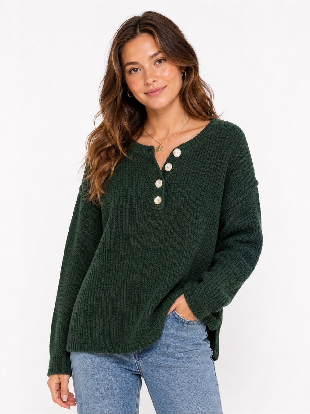 Andree by‎ Unit Size Large Green Sweater with Button Detail Waffle Knit
